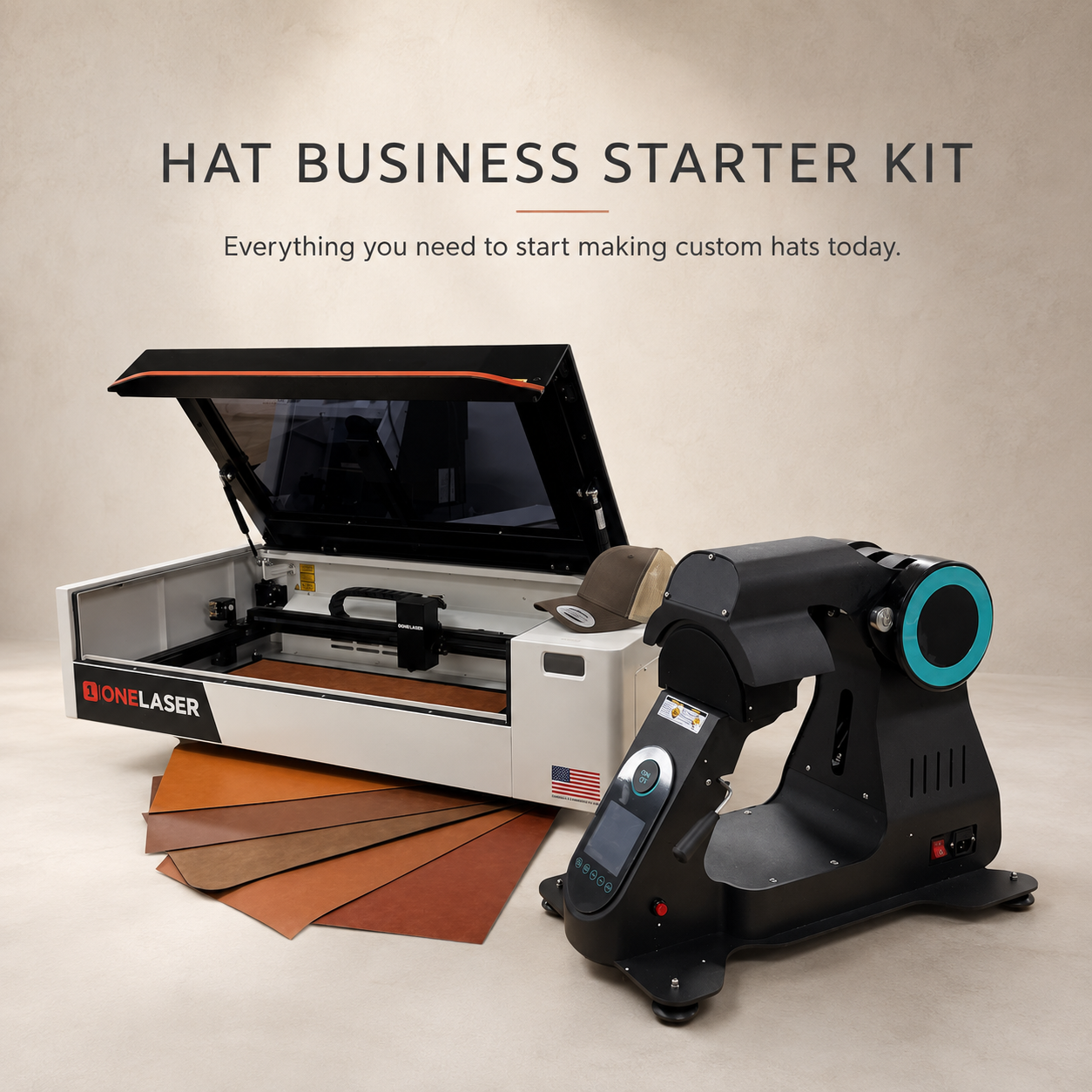 Hat Business Starter Kit with OneLaser, CyberPress, UltraHyd leatherette, and blank hat